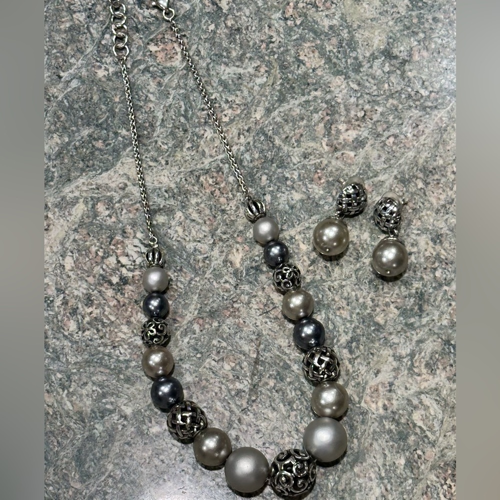 Brighton Silver-Tone Gray Pearl and Filigree Necklace with Matching Drops